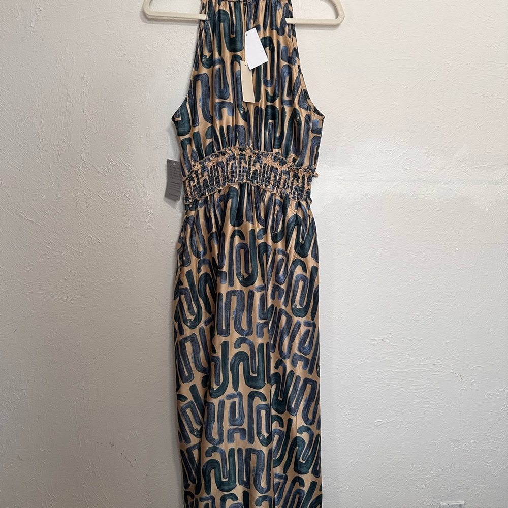 NWT MELLODAY Abstract Print Dress in Blue and Taupe - Picture 3 of 6